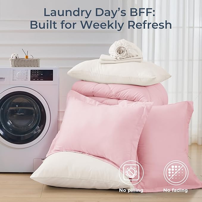 HEVUMYI Full Comforter Set - 7-Piece All Season Bed in a Bag Full, Ultra Soft Bedding Set with Comforter, Flat Sheet, Fitted Sheet, Pillowcases, Pillow Shams, Pink & Ivory
