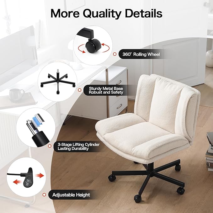 LEAGOO Criss Cross Chair with Wheels, Furry Armless Desk Chair, Comfy Wide Seat Cross Legged Office Chair, Stylish Height Adjustable Cute Swivel Vanity Chair for Home Office, Make Up, Cream White