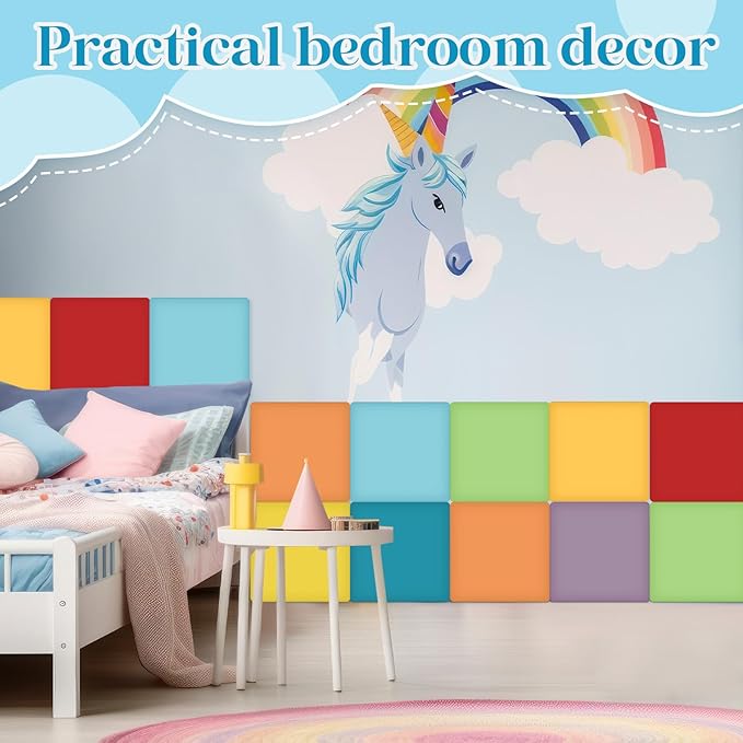 8 Pack Wall Padding for Playroom Peel and Stick Headboard 11.81" x 11.81" x 1.18" 3D Anti Collision Upholstered Wall Panels Self Adhesive Headboard Panel for Protection (Rainbow Colors)