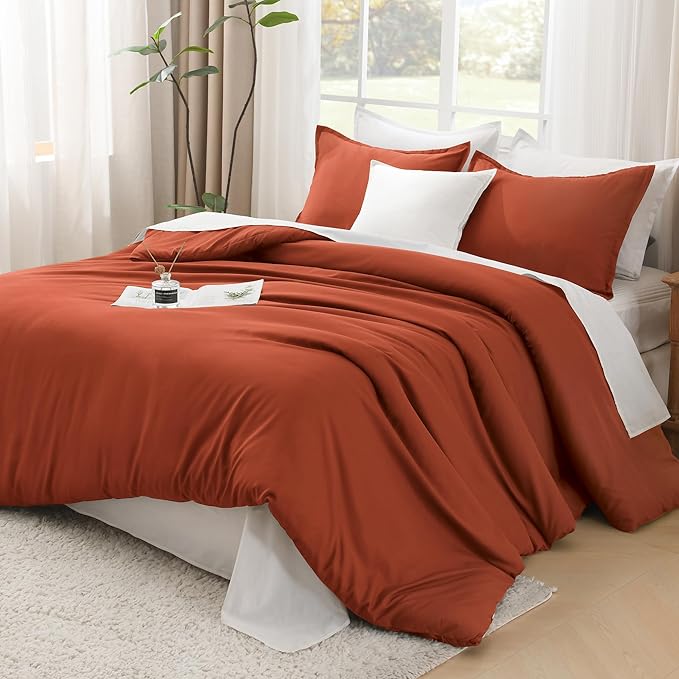 Litanika Comforter Set, Lightweight Solid Bedding Comforter Set, Fluffy Down Alternative Bed Set, Burnt Orange, Super King Plus