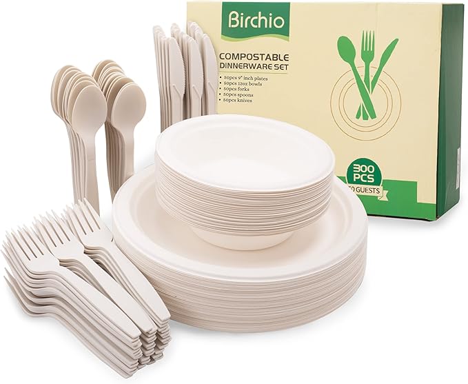 250 Piece (50 Sets) Biodegradable Paper Plates Set (EXTRA LONG UTENSILS), Disposable Dinnerware Set, Eco Friendly Compostable Plates & Utensil include Plates, Bowls, Forks, Knives and Spoons