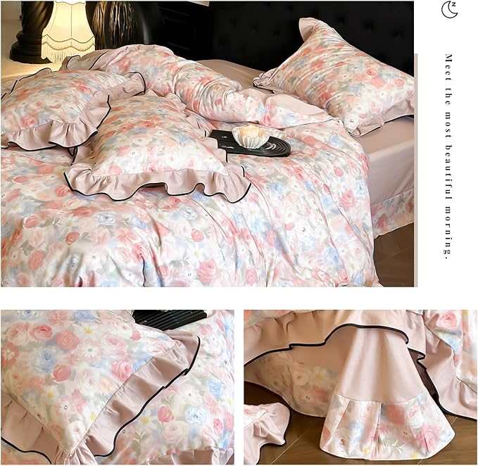 HighBuy Girl Ruffle Duvet Cover Set Twin XL Pink Lace Floral Ruffle Design,Vintage Brushed Cotton Ruffled Bedding Set French Breathable Farmhouse Bedding - 1 Twin XL Duvet Cover 2 Pillowcases