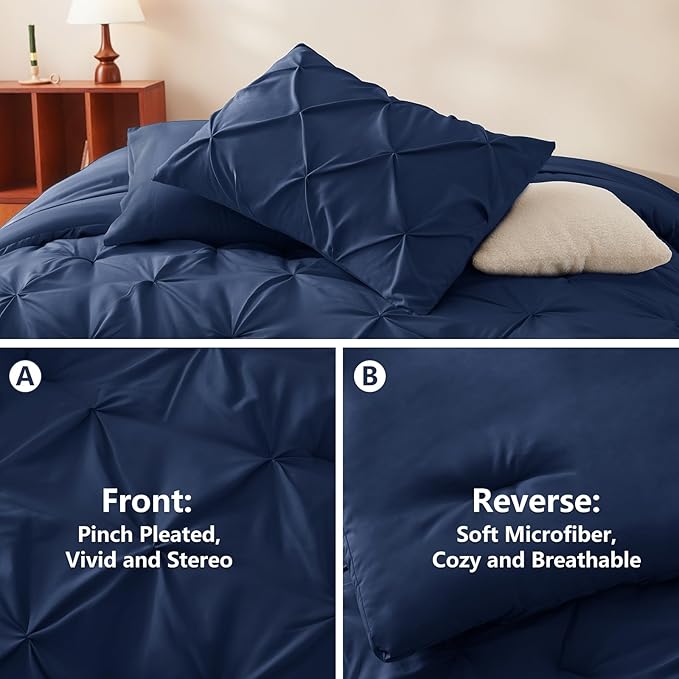 CozyLux King Size Comforter Set Navy Blue, Pintuck Bed in A Bag 7 Pieces, Pinch Pleat Blue Comforter King Size, Bedding Sets with Comforter, Sheets, Pillowcases & Shams