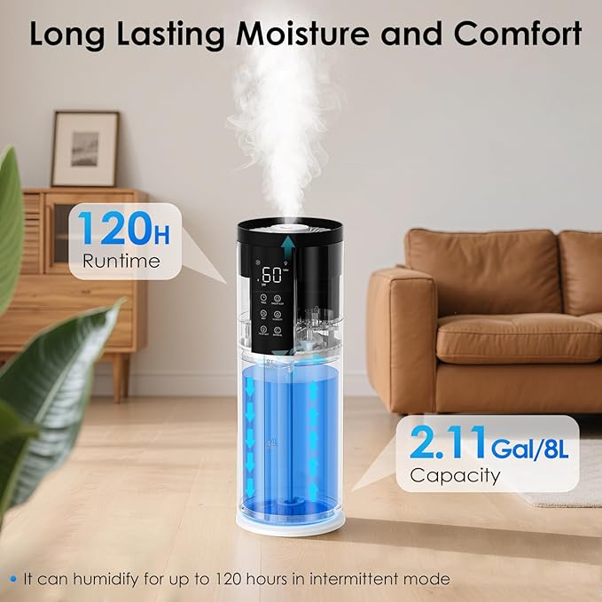 Humidifiers for Large Room 550 ft² - GloryAir 8L Cool Mist Humidifier for Bedroom Home Plants Baby, Top Fill, 120H Runtime, 4 Mist Spray Levels, 7-Color Light, 35dB Quiet Humidifier