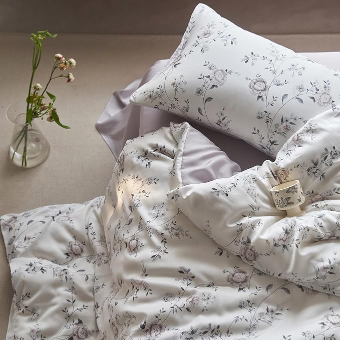 mixinni Elegant Floral Duvet Cover Set Full Size 3 Piece Soft Comfy Naturally Lyocell Vintage Style Purple Flower Leaves Bedding Set 1 Duvet Cover with 2 Pillowcases, Ultra-Breathable-Full Size