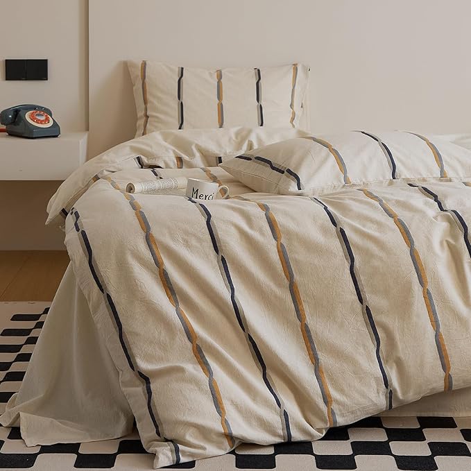 VM VOUGEMARKET King Duvet Cover Set Jacquard Black Orange Stripes Duvet Cover with 2 Pillowcases Yarn-Dyed Linen Cotton Minimalist Bedding Set,104"x90"