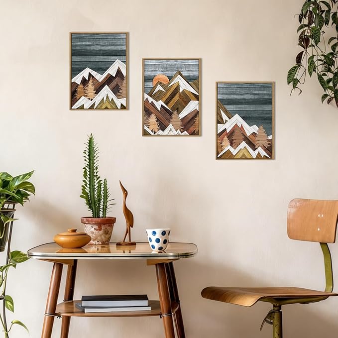 Framed Mountain Wall Art Boho Mountain Wall Decor Modern Nature Artwork 12" Lx16 W Set of 3 for Living Room Bedroom Office