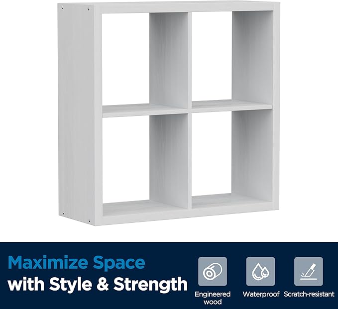 4 Cube Storage Organizer, 2x2 Cube Bookshelf, Cubby Storage Shelf, Wooden Organizer Shelf with Thickened Boards, for Closet Bedroom Home Office Living Room, 25.12" L x 9.37" W x 25.12" H, White