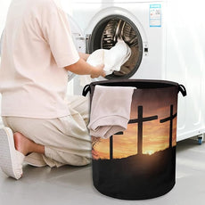 Cross Sunset Laundry Basket,Foldable with Handles Tote Bag Oxford Cloth for Bathroom Bedroom Dirty Clothes Storage Bucket 16