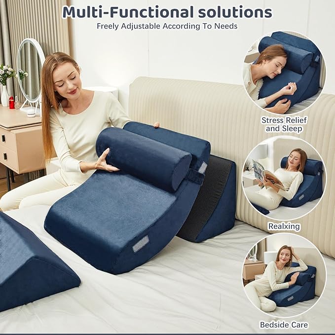 4pcs Wedge Pillow Set for After Surgery，Upright Pillows for Sitting in Bed,Foam Wedge for Back Pain Relief and Leg Pain，Pillow Wedge for Acid Reflux Relief and Anti-snoring