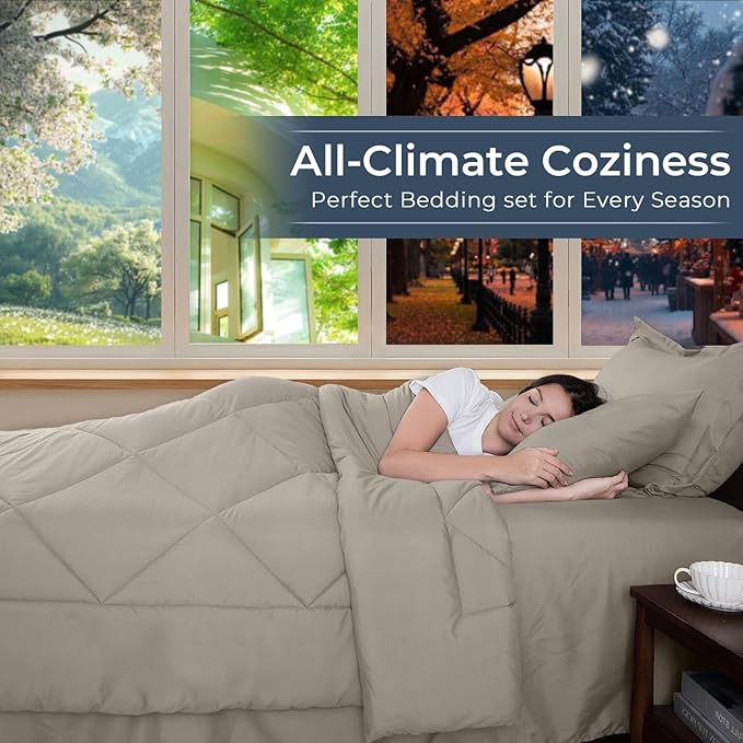 HEVUMYI Linen Full Comforter Set - 7-Piece All Season Bed in a Bag Full, Ultra Soft Bedding Set with Comforter, Flat Sheet, Fitted Sheet, Pillowcases, Pillow Shams
