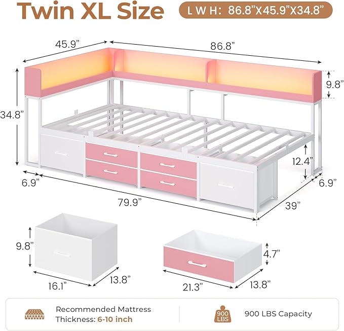 VIAGDO Corner Bed Frame with Storage Bookcase and 6 Drawers, Twin XL Metal Platform Corner Bed Frame with LED Lights and Charging Station, Twin XL Daybed for Kids Teenagers, Pink
