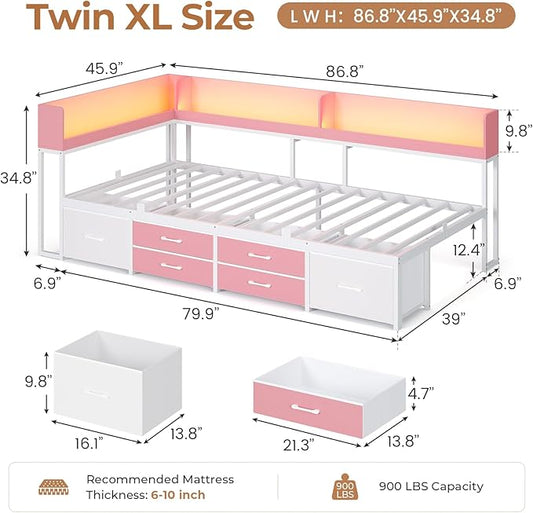 VIAGDO Corner Bed Frame with Storage Bookcase and 6 Drawers, Twin XL Metal Platform Corner Bed Frame with LED Lights and Charging Station, Twin XL Daybed for Kids Teenagers, Pink