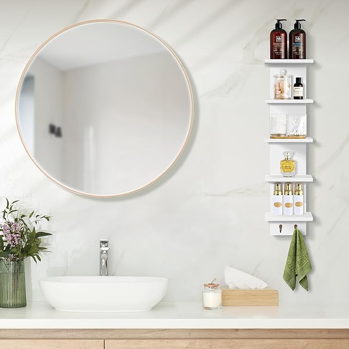 Sorbus 5 Tier Wall Shelf Unit with Hooks, Vertical Column Utility Shelving for Home Decor and Storage Organizer, Wall-Mounted Floating Shelves for Bathroom Storage, Bedroom (2 Pack)