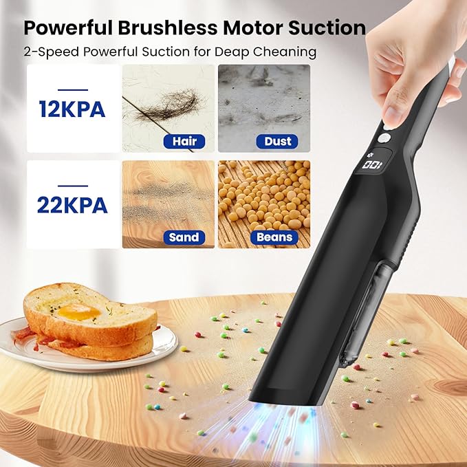 Handheld Vacuum Cordless, 22Kpa Car Vacuum with Brushless Motor, Charging Dock, Rechargeable, 1.5lbs Portable Handheld Vacuum with 2-Speed for Home/Car/Pet(Black)