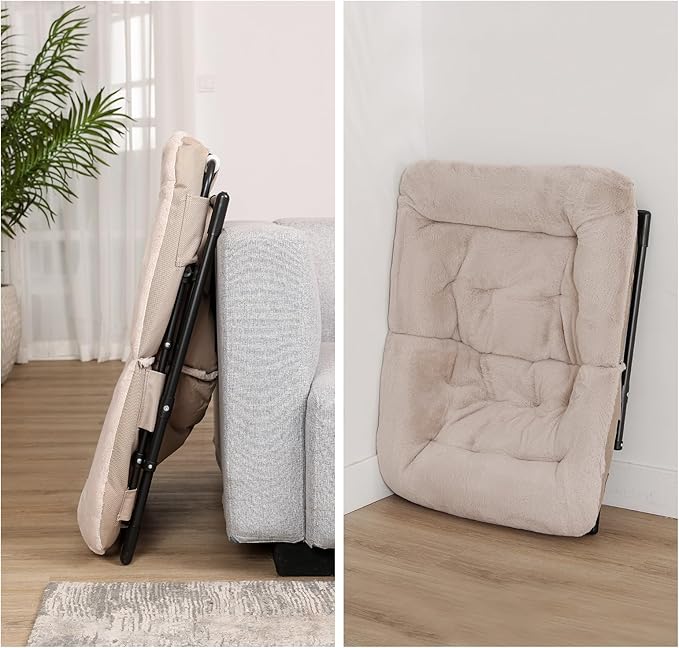 Comfy Saucer Chair for Adults, Soft Faux Fur Bedroom Chair with Ottoman, Accent Dorm Chairs, Living Room Reading Chairs and Footstool, Folding Lounge Seat for Teens, X-Large, Light Khaki