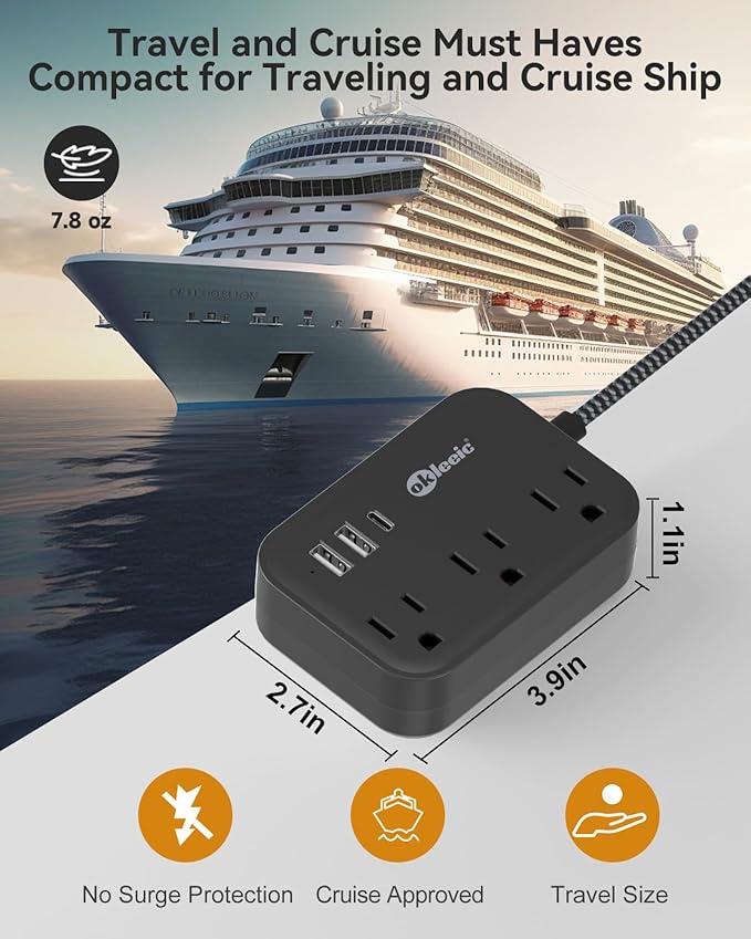 Flat Plug Power Strip with USB C Ports, Black Extension Cord 5FT with 3 AC Outlets 3 USB, Short Extension Cord Outlet Extender with No Surge Protector for Cruise Ship, Dorm Room Travel Essentials