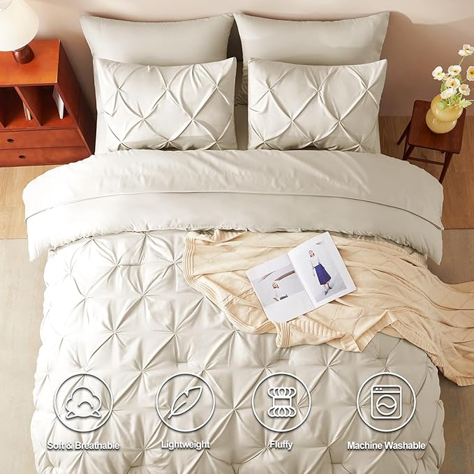 CozyLux Full Size Comforter Sets Oatmeal, 7 Pieces Pintuck Bed in A Bag Oatmeal Comforter Full Size, Pinch Pleat Bedding Sets with All Season Comforter, Sheets, Pillowcases & Shams