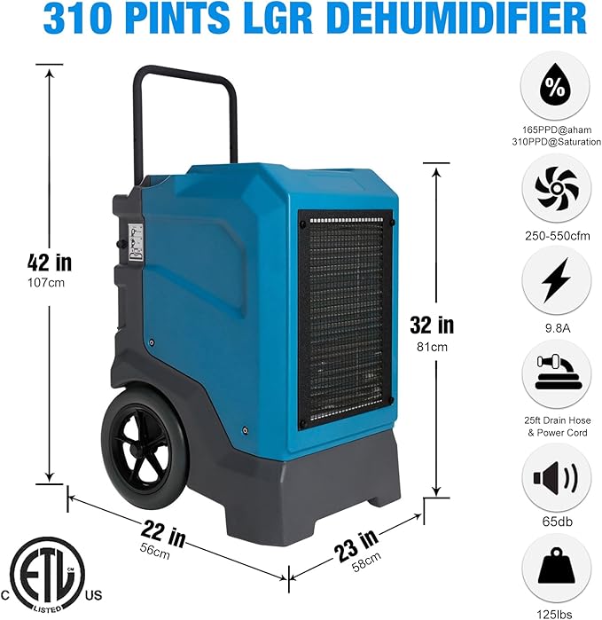 MOUNTO 310 Pints LGR Commercial Dehumidifier with Built-In Pump and Drain Hose – Portable, Heavy-Duty Dehumidifier with Wheels for Basements, Garages, Home, and Job Sites (Blue)