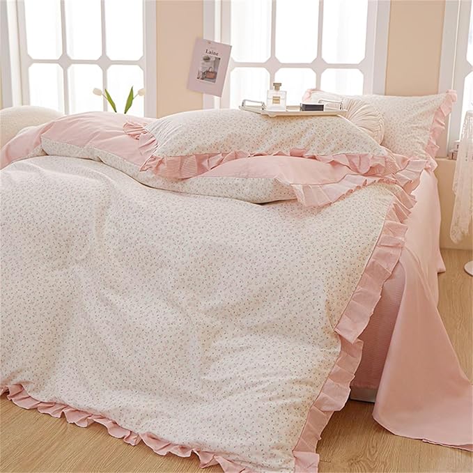 MKXI Full Size Small Floral Ruffle Comforter Set - 3 Piece Countryside Floral Comforter with Pillow Shams, Reversible White Pink Princess Bedroom Collection, Soft Aesthetic Bedding Set for Teen Girls