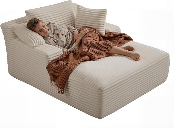 67 Inch Chaise Lounge Chair Indoor, Oversized Corduroy Upholstered Boneless Sofa Bed, Deep Seat Sleeper Couch Reading Chairs, Cloud Sofas Couches for Living Room, No Assembly Required (Beige)