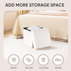 PINPLUS Storage Ottoman Cube Square Shaped Ottomans with Storage Foot Stool Footrest for Lving Room Boucle Ottoman Seat for Dorm Room,Faux Teddy Fur White,12.6