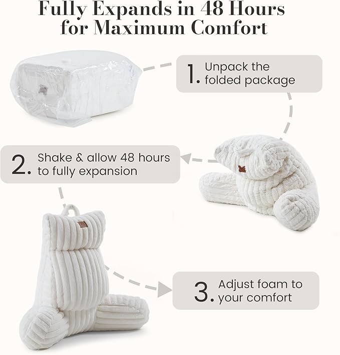 Amélie Home Faux Fur Reading Pillow with Pocket for Sitting in Bed, Kids Backrest Bed Pillow with Washable Cover for Lounging, Study & Relaxing, Ivory 17 inches