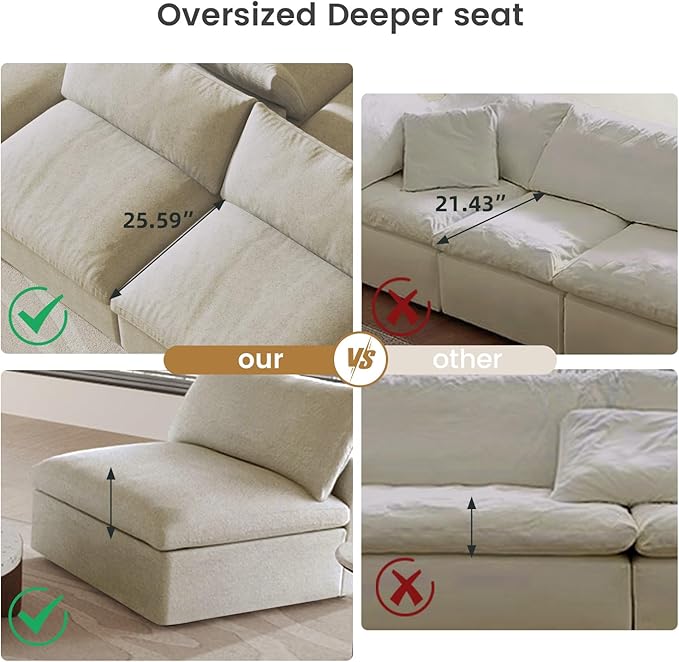 Cloud Couch Modular Sectional Sofa,160.6" Down Filled Couch with Storage Ottoman,4 Seater +1 Ottoman, Convertible Sectional Sofa for Living Room,Covers Removable & Washable, Khaki