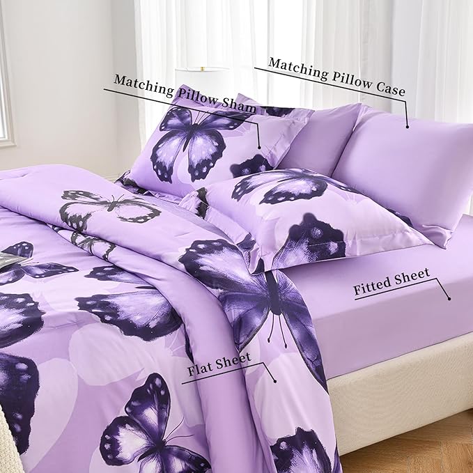ARTALL Bed in A Bag Full/Queen Size 7 Pieces, Purple Big Butterfly Bedding Comforter Set All Season Bed Set with Comforter, Pillow Shams, Flat Sheet, Fitted Sheet, Pillowcases