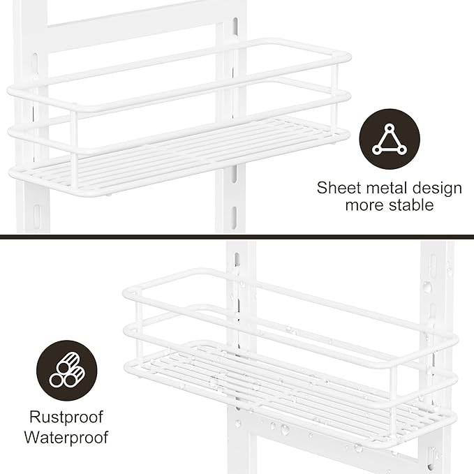 Orimade Adjustable Anti-slip Shower Caddy over Head, Rustproof Bathroom Hanging Shower Organizer with 2 Hooks for Razor, No Drilling Shower Shelves Storage Rack 3 Tier, White