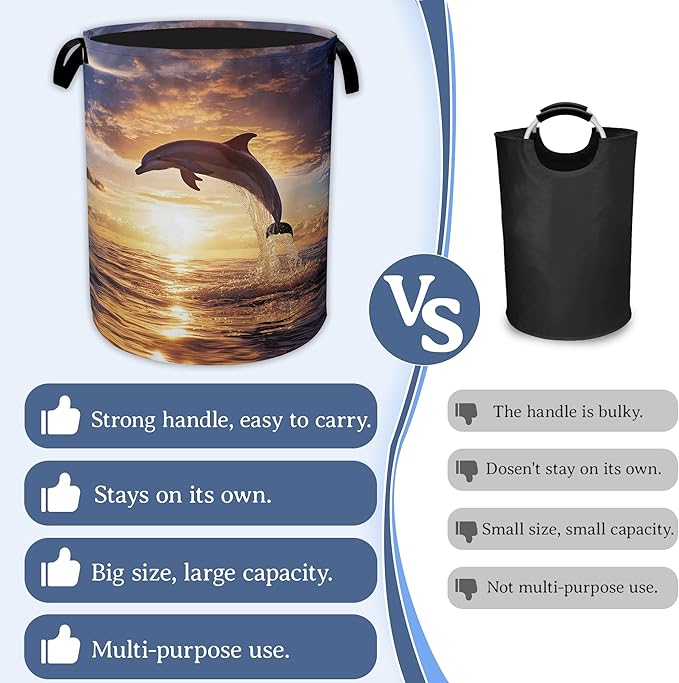 Dolphins Laundry Basket,Foldable Oxford Cloth Sunset Laundry Hamper With Handle, 20.8"x16" Portable Clothes Storage Basket Bag for Laundry Room/Bathroom/Bedroom/Dormitories