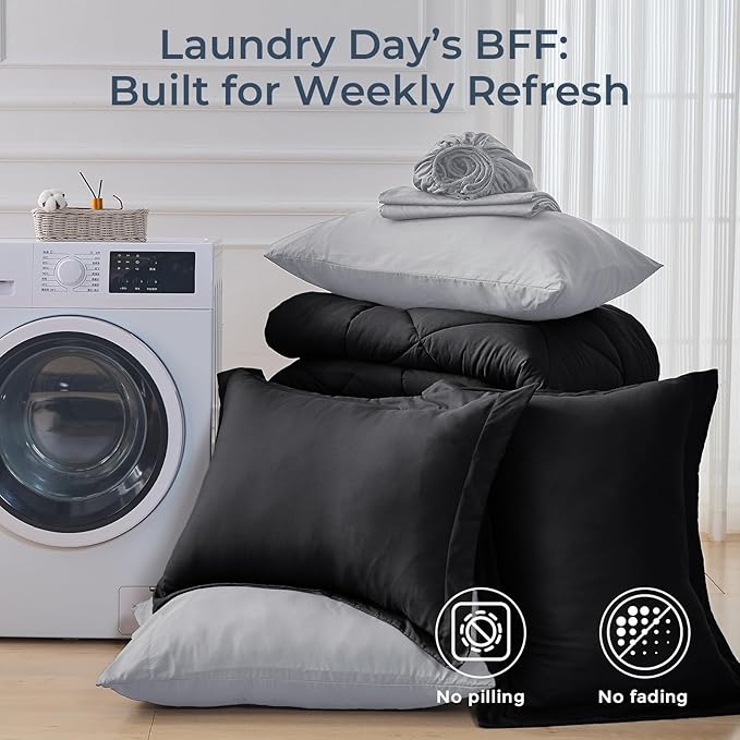 HEVUMYI Full Comforter Set - 7-Piece All Season Bed in a Bag Full, Ultra Soft Bedding Set with Comforter, Flat Sheet, Fitted Sheet, Pillowcases, Pillow Shams, Black & Light Grey