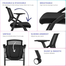 10 Pack Stackable Conference Room Chairs with Wheels and Paddle, Ergonomic Mesh Back and Arms for Meeting, Conference, Reception, Training Room & Home Office Desk Folding Chairs, Black