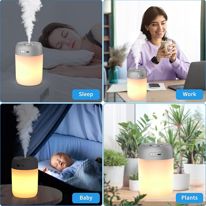 Night Lights Humidifiers For Bedroom, USB Rechargeable, LED Lights For Bedroom,4 Mode Portable Humidifier Fit For Various Scenarios,<28dB, Auto Shut-off, Ideal For Home Travel Plants(Gray）