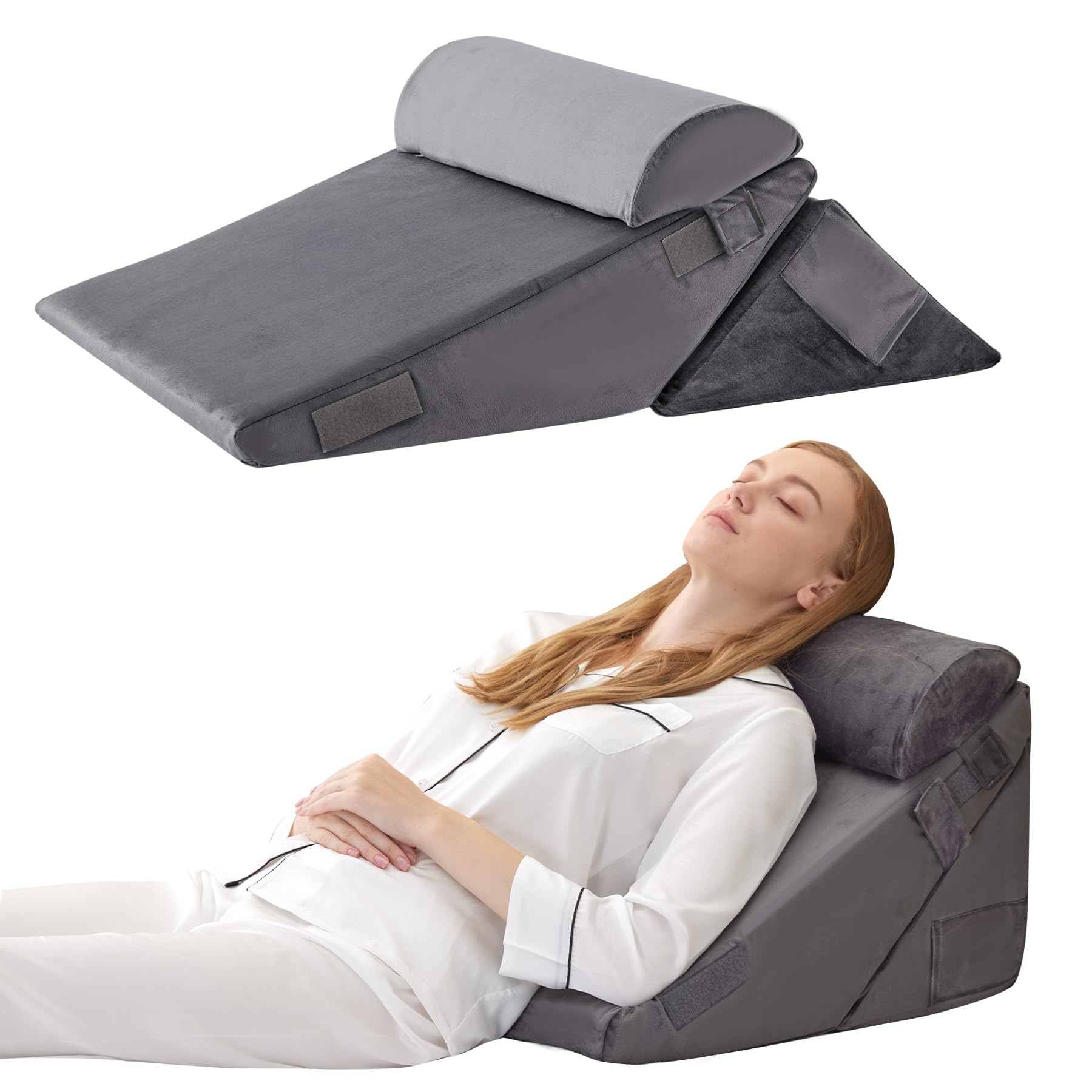 Bedluxe Wedge Pillow Headboard, 3PCS Orthopedic Bed Wedge Pillows Set for After Surgery, Adjustable Pillow Wedge for Acid Reflux&Back Pain Relief, Sleeping, Back Pillow for Bed Sitting Up, White/Grey Dormly