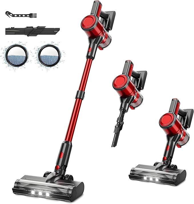 Cordless Vacuum Cleaner for Home - Lightweight, Stick Vacuum Clean with Rechargeable Battery, Max 45Mins Runtime, 8 in 1 Handheld Vacuum for Hardfloor & Carpets Pet Hair, Red&Black