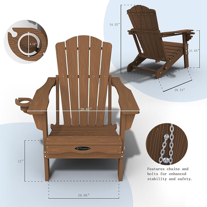 Adirondack Chair, Folding All-Weather Outdoor HDPE Patio Chair with Cup Holder, Wood