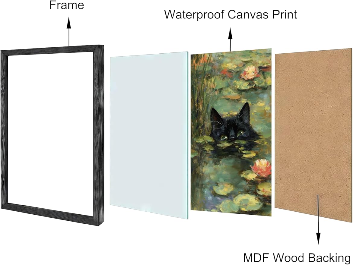 Monet Prints Vintage Cat Wall Art Print Cat In Water Lilies Posters Retro Canvas Art Wall Decor Picture For Bedroom Dorm Bathroom Wall Decor Aesthetic Home Artwork 8" × 10" With Framed