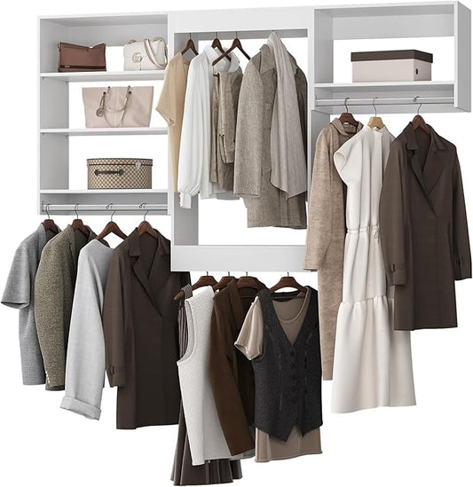 Modular Closet System, 102" Wide Closet Organizer System with Hanging Shelving , Wood Tower Closet Storage for Walk In Closets, Wall Mounted Wardrobe Organizer Kit System, Bedroom, White