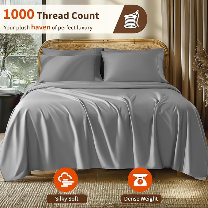 LBRO2M 1000 Thread Count 100% Egyptian Cotton Sheets Set 6 Piece Sets Queen Bed Sheet Deep Pocket Sheet Set 16" Soft Comfortable All Season (Queen, Gray) LBRO2MBedding