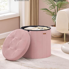 SONGMICS Mazie Collection - Round Storage Ottoman, Folding Footrest Stool with Removable Lid, Easy Assembly, Velvet Vanity Stool for Bedroom, Living Room, Entryway, Jelly Pink ULSF608R01