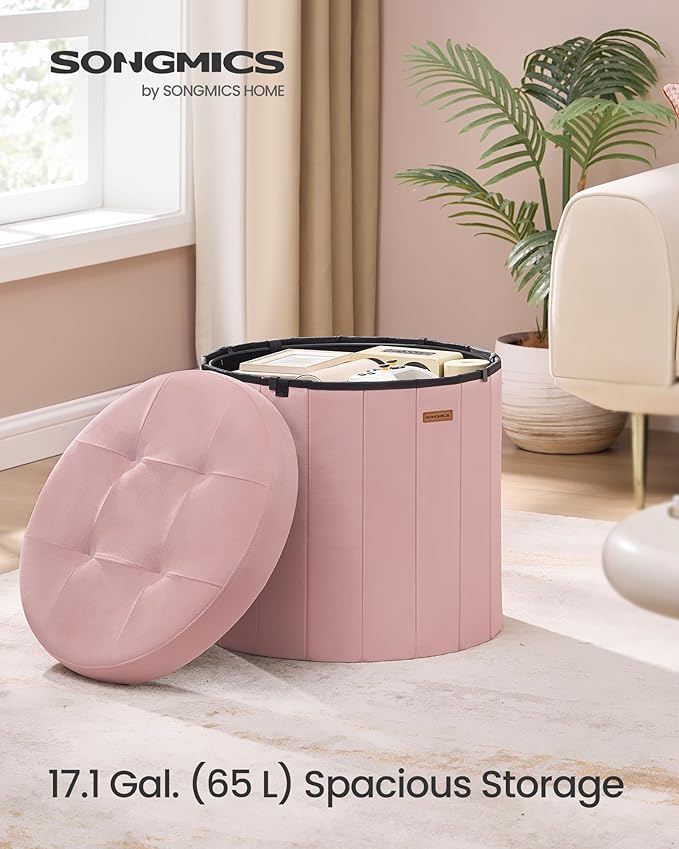 SONGMICS Mazie Collection - Round Storage Ottoman, Folding Footrest Stool with Removable Lid, Easy Assembly, Velvet Vanity Stool for Bedroom, Living Room, Entryway, Jelly Pink ULSF608R01