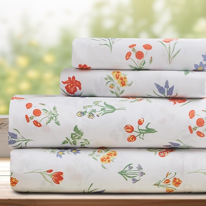 DREAMCARE Queen Size Sheets - Cooling Bed Sheets - 4pcs Set - Queen Sheet Set - Sheets Queen Size Bed - Queen Size Sheet Sets - Soft & Long Lasting 100% Fine Brushed Floral Sheets - Multi Floral DREAMCARE