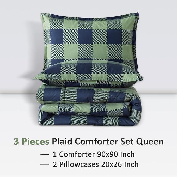 Andency Green Plaid Comforter Queen(90x90Inch), 3 Pieces (1 Comforter, 2 Pillowcases) Buffalo Checkered Gingham Bed Set, Soft Geometric Bedding for Boys