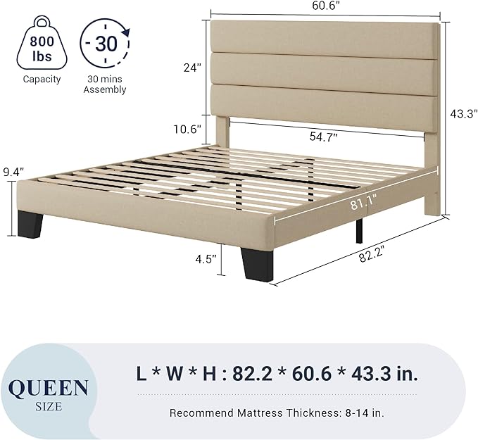 Allewie Queen Size Platform Bed Frame with Fabric Upholstered Headboard and Wooden Slats Support, Fully Upholstered Mattress Foundation/No Box Spring Needed/Easy Assembly, Beige