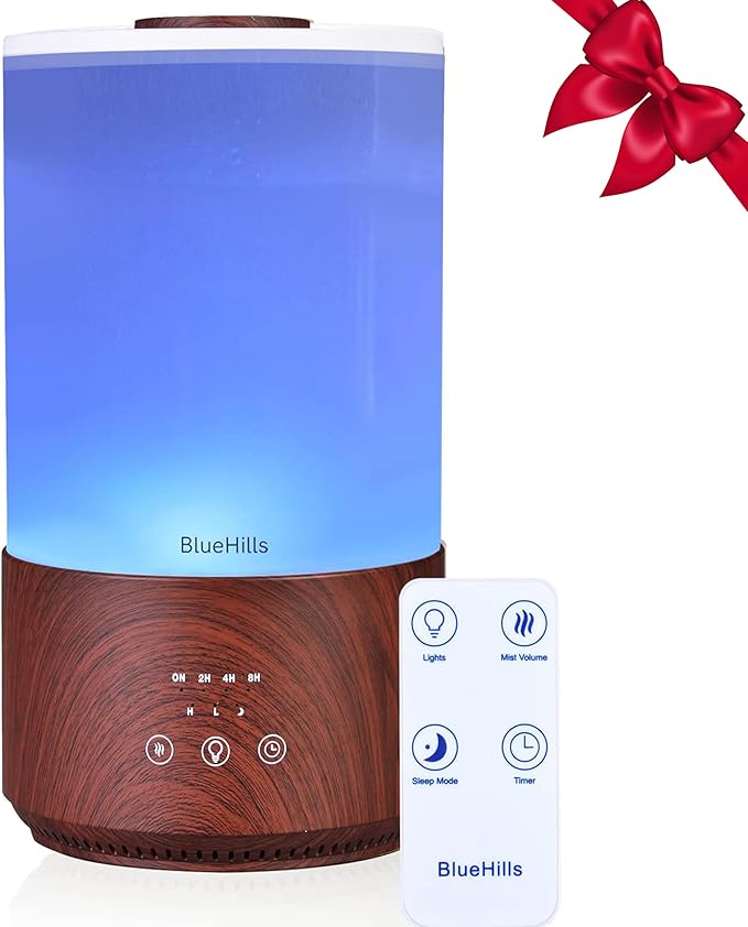 BlueHills Premium 4000 ml Tall Essential Oil Diffuser 4L 4 Liter 50 Hour Run with Remote Timer Aroma Humidifier 1 Gallon Big Capacity High Mist Output for Large Room Lights Dark Wood Grain XL T402