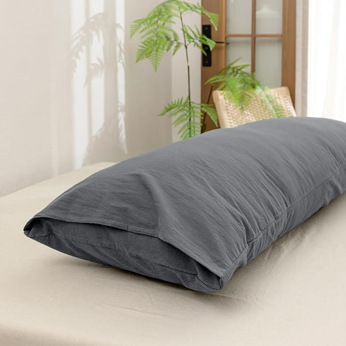 BESTOUCH 100% Washed Cotton Pillowcase for Hair and Skin Linen Feel Soft Comfortable Breathable 1 Pcs Pillow Case with Envelope Closure Solid Quiet Shade Grey Body 20x54 Inches