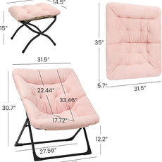 Comfy Saucer Chair for Adults, Soft Faux Fur Bedroom Chair with Ottoman, Accent Dorm Chairs, Living Room Reading Chairs and Footstool, Folding Lounge Seat for Teens, X-Large, Light Pink