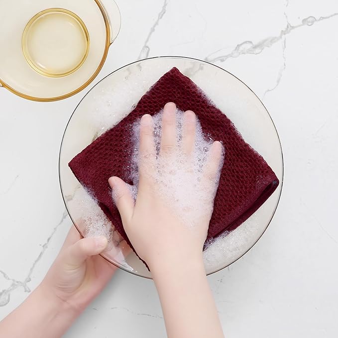 Homaxy 100% Cotton Waffle Weave Kitchen Dish Cloths, Ultra Soft Absorbent Quick Drying Dish Towels, 12 x 12 Inches, 12-Pack, Burgundy