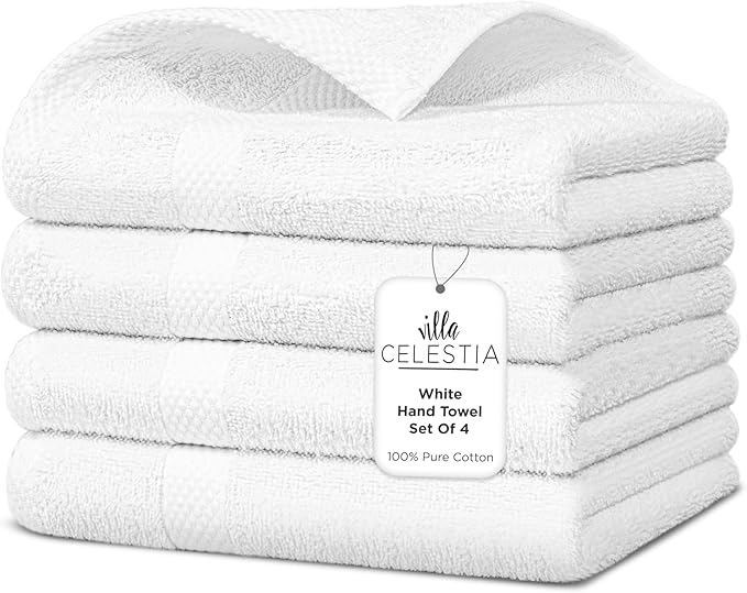 100% Cotton Hand Towel Set of 4, (16 x 28 inches) Sustainable, Soft, Highly Absorbent, Quick Drying, Combed Cotton Hand Towels Pack of 4 Ideal for Hotels, Spa, Bathroom, Dorm, White